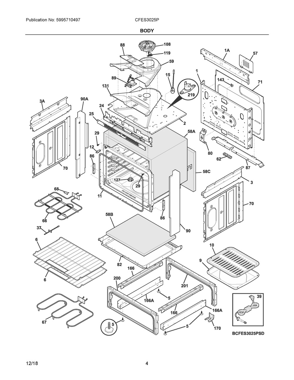 Body Diagram and Parts List for CFES3025PBK  Frigidaire Range