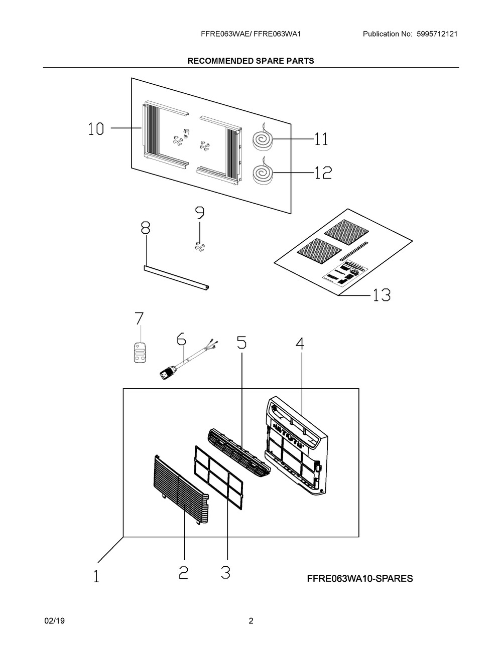 Recommended Spare Parts Diagram and Parts List for FFRE063WAE0  Frigidaire Air Conditioner