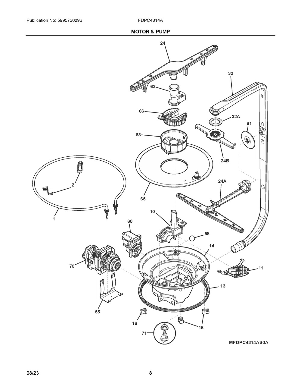 Motor And Pump Diagram and Parts List for FDPC4314AS0A  Frigidaire Dishwasher