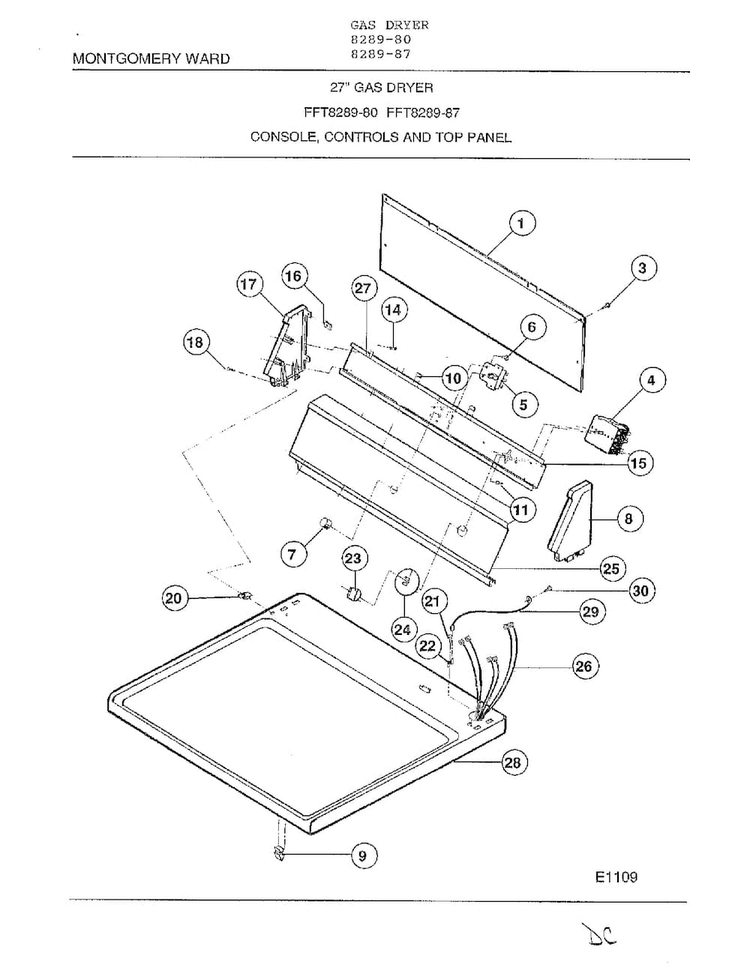 Console, Controls And Top Panel Diagram and Parts List for 8289-87  Frigidaire Dryer