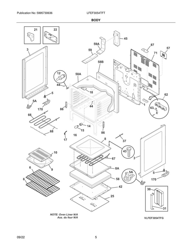 Body Diagram and Parts List for LFEF3054TFT  Frigidaire Range