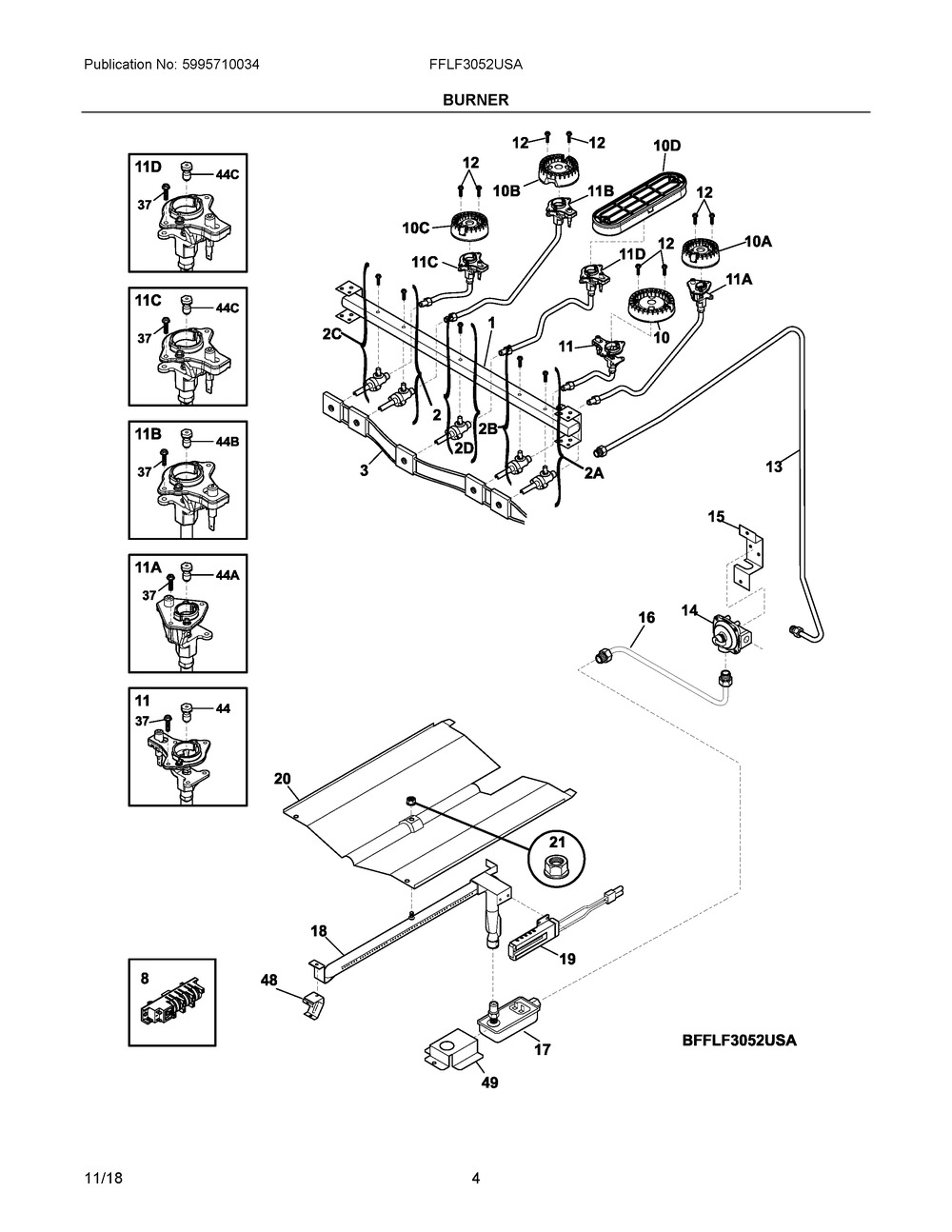 Burner Diagram and Parts List for FFLF3052USA  Frigidaire Range