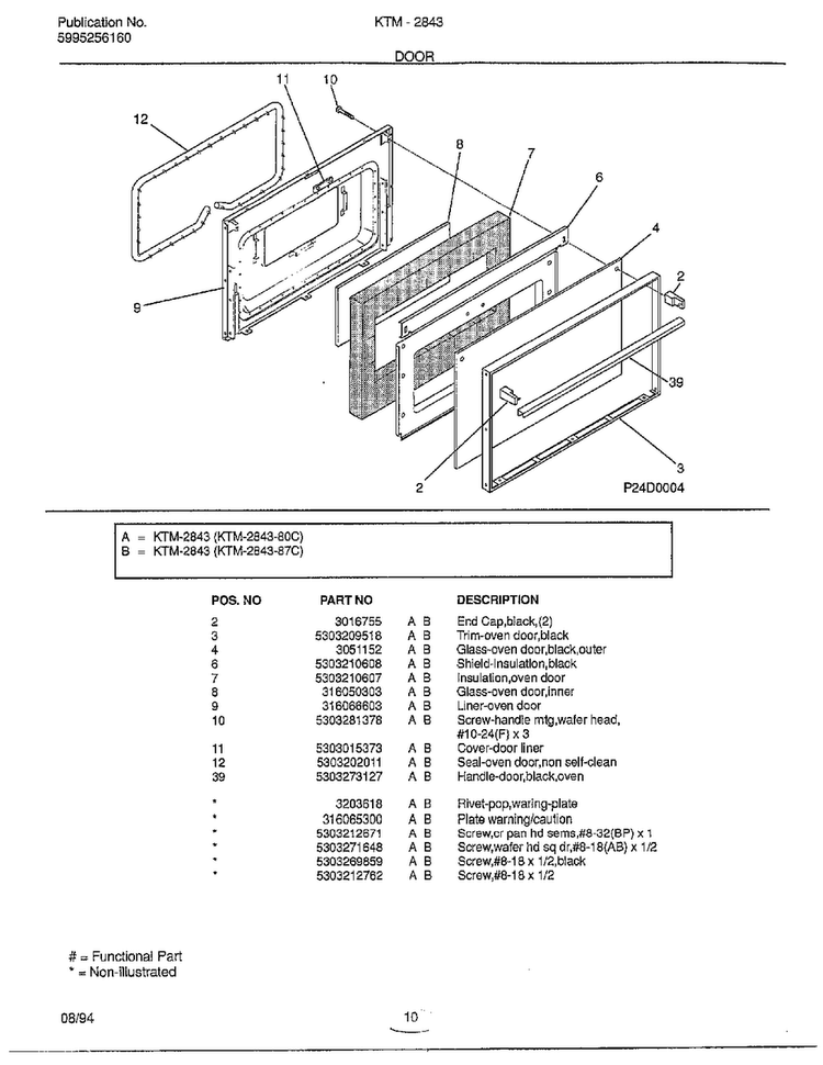 Door Diagram and Parts List for 2843-80C  Frigidaire Range