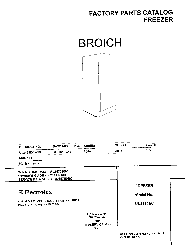COVER Diagram and Parts List for UL2494ECW10  Frigidaire Freezer