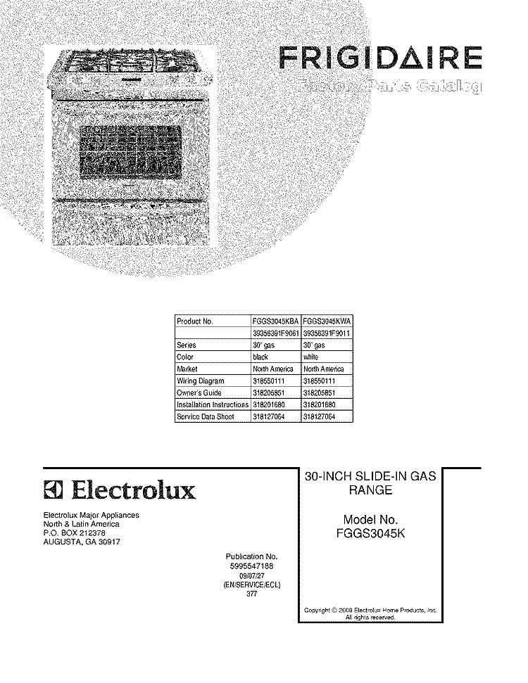 COVER Diagram and Parts List for FGGS3045KWA  Frigidaire Range