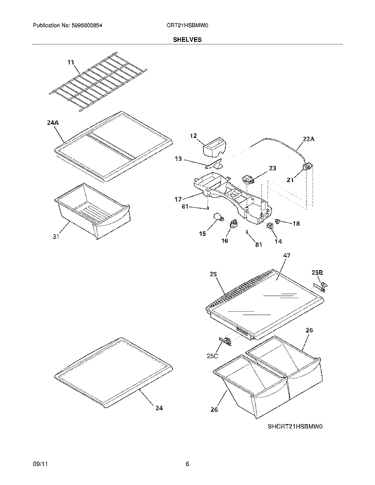 SHELVES Diagram and Parts List for CRT21HSBMW0  Crosley Refrigerator
