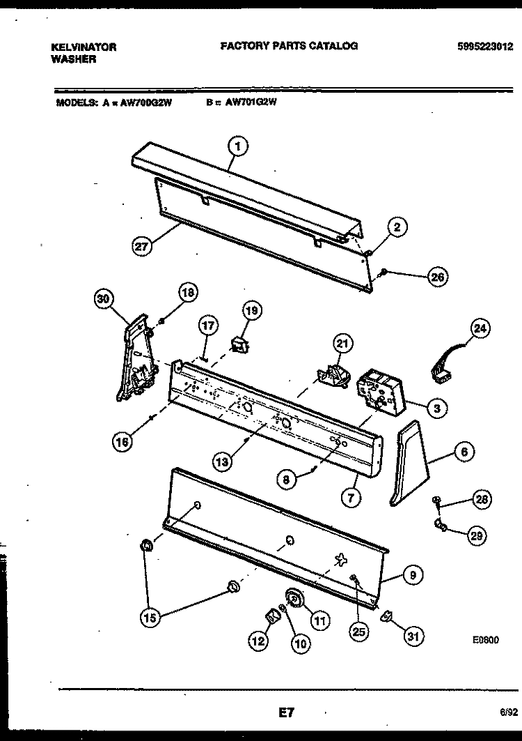 CONSOLE AND CONTROL PARTS Diagram and Parts List for AW700G2D  Kelvinator Washer