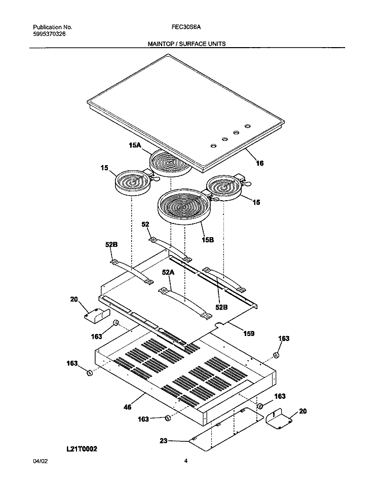 MAIN TOP Diagram and Parts List for FEC30S6ASD  Frigidaire Cooktop
