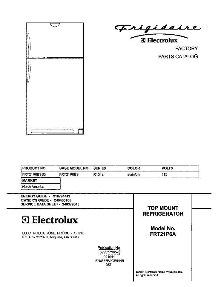 COVER Diagram and Parts List for FRT21P6BSB3  Frigidaire Refrigerator