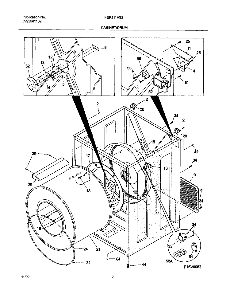 CABINET / DRUM Diagram and Parts List for FER111AS2  Frigidaire Dryer