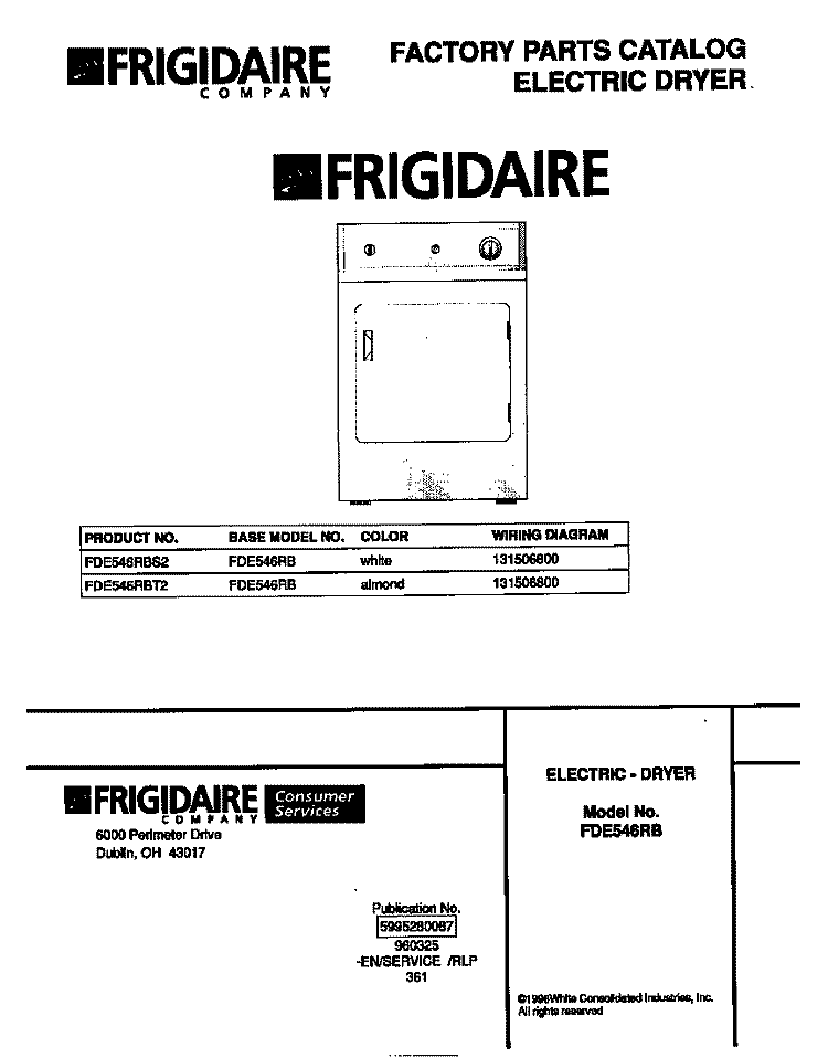 COVER Diagram and Parts List for FDE546RBT2  Frigidaire Dryer