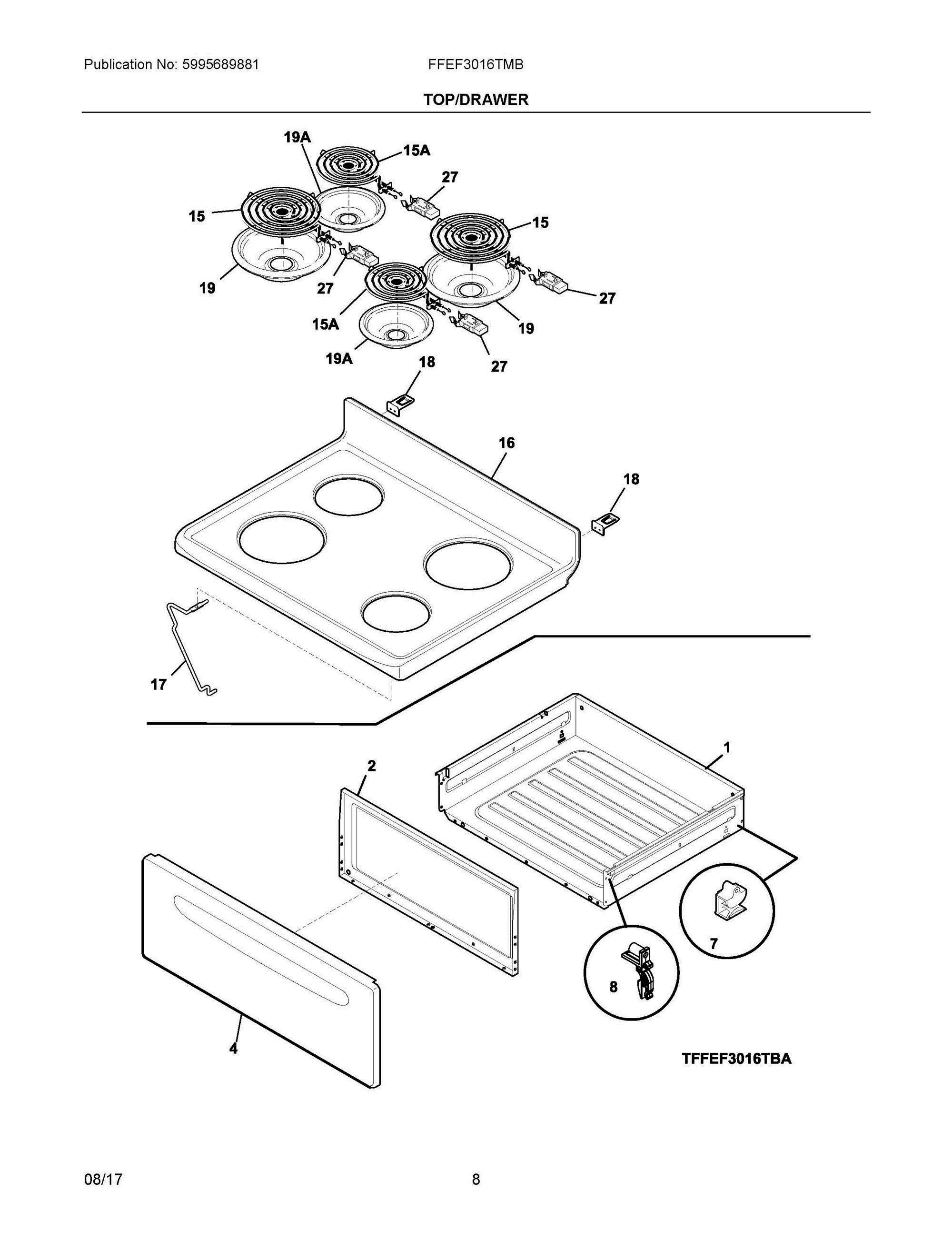 04 - TOP/DRAWER Diagram and Parts List for FFEF3016TMB  Frigidaire Range