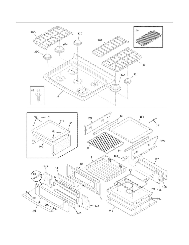Top/drawer Diagram and Parts List for EW3LDF65GSN  Electrolux Range