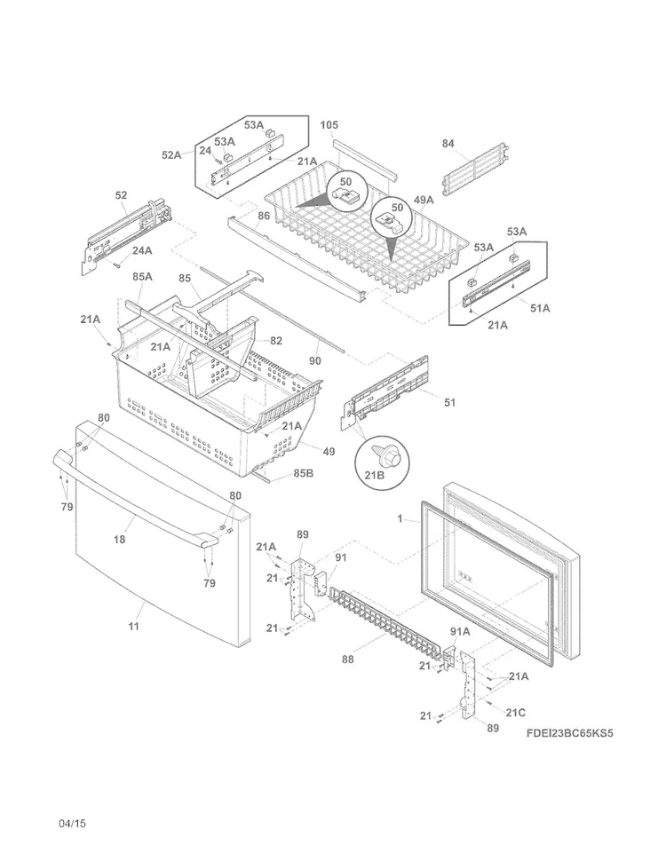 Freezer Drawer, Baskets Diagram and Parts List for EI23BC65KS8A  Electrolux Refrigerator