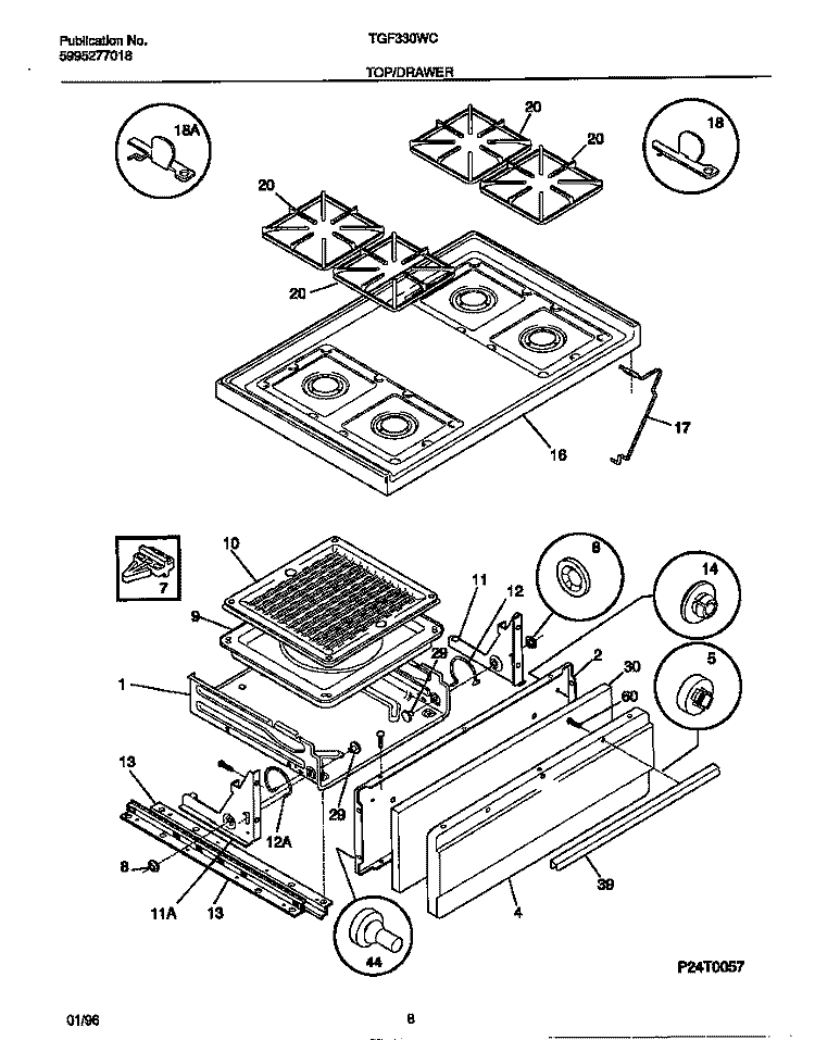 TOP / DRAWER Diagram and Parts List for TGF330WCDB  Tappan Range