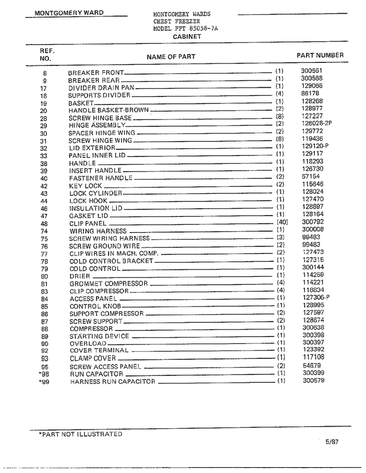 Cabinet Page 2 Diagram and Parts List for 85058-7A  Frigidaire Freezer