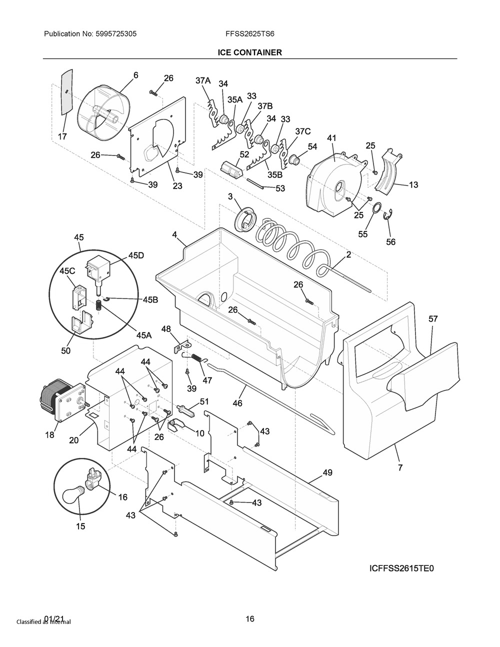 Ice Container Diagram and Parts List for FFSS2625TS6  Frigidaire Refrigerator
