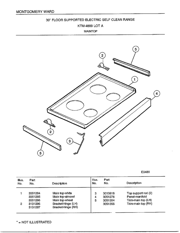 Maintop Diagram and Parts List for 4899A  Frigidaire Range