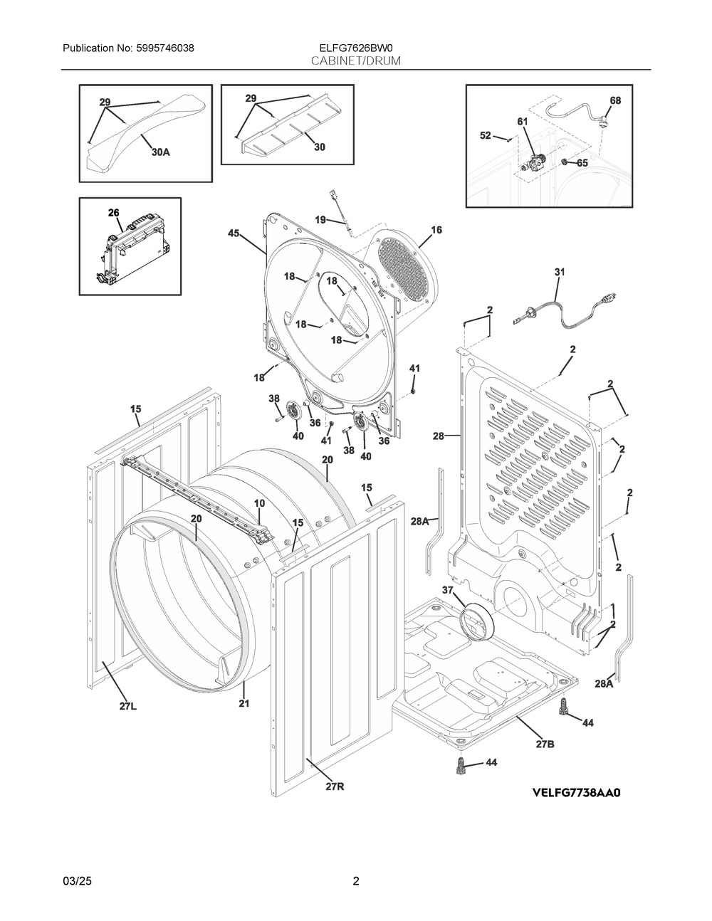 Cabinet/Drum Diagram and Parts List for ELFG7626BW0  Frigidaire Dryer