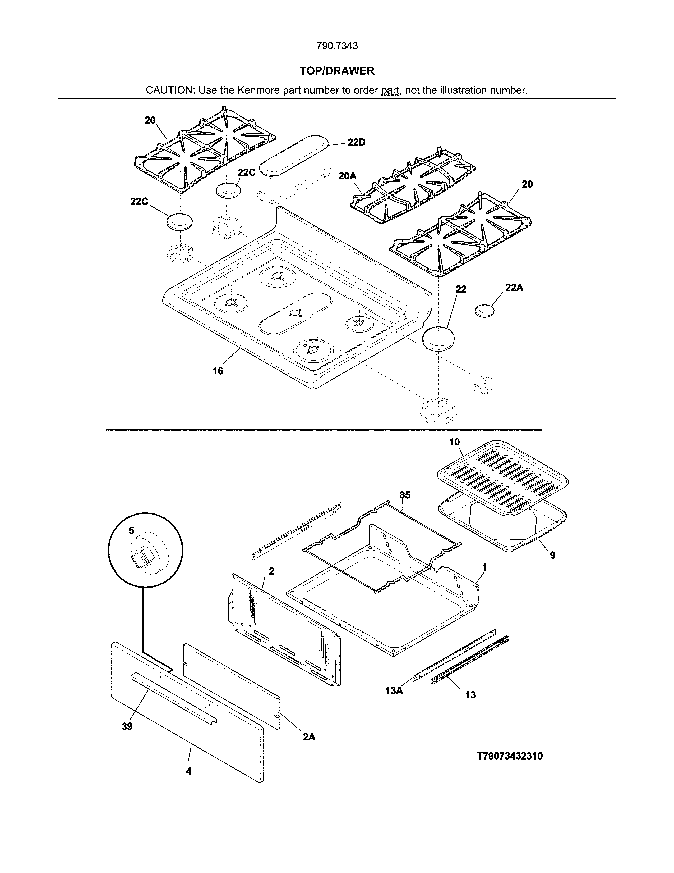Top/drawer Diagram and Parts List for 79073432313  Kenmore Range