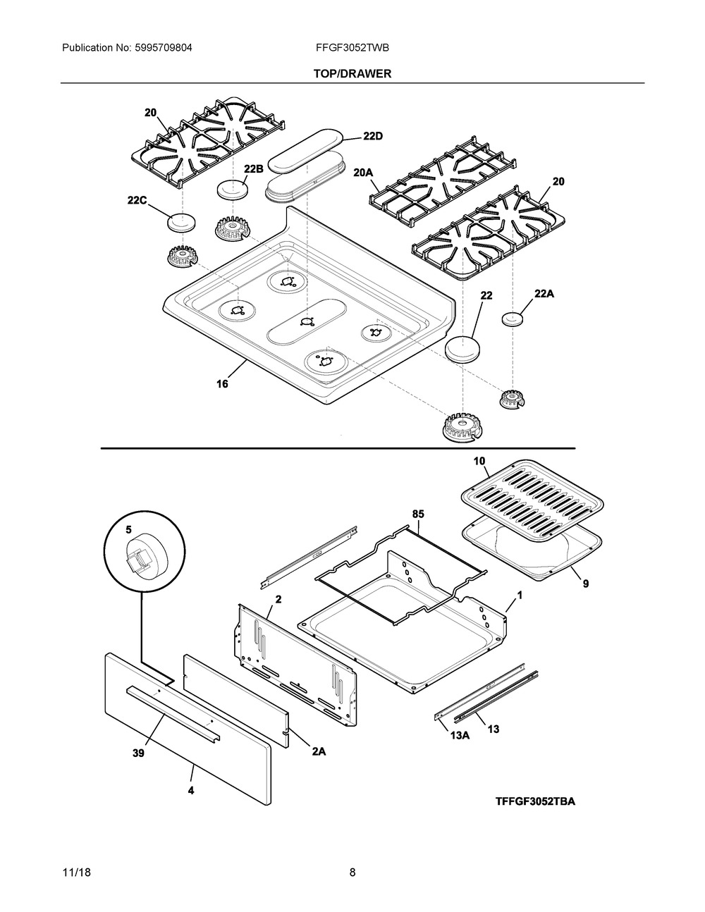 Top/drawer Diagram and Parts List for FFGF3052TWB  Frigidaire Range