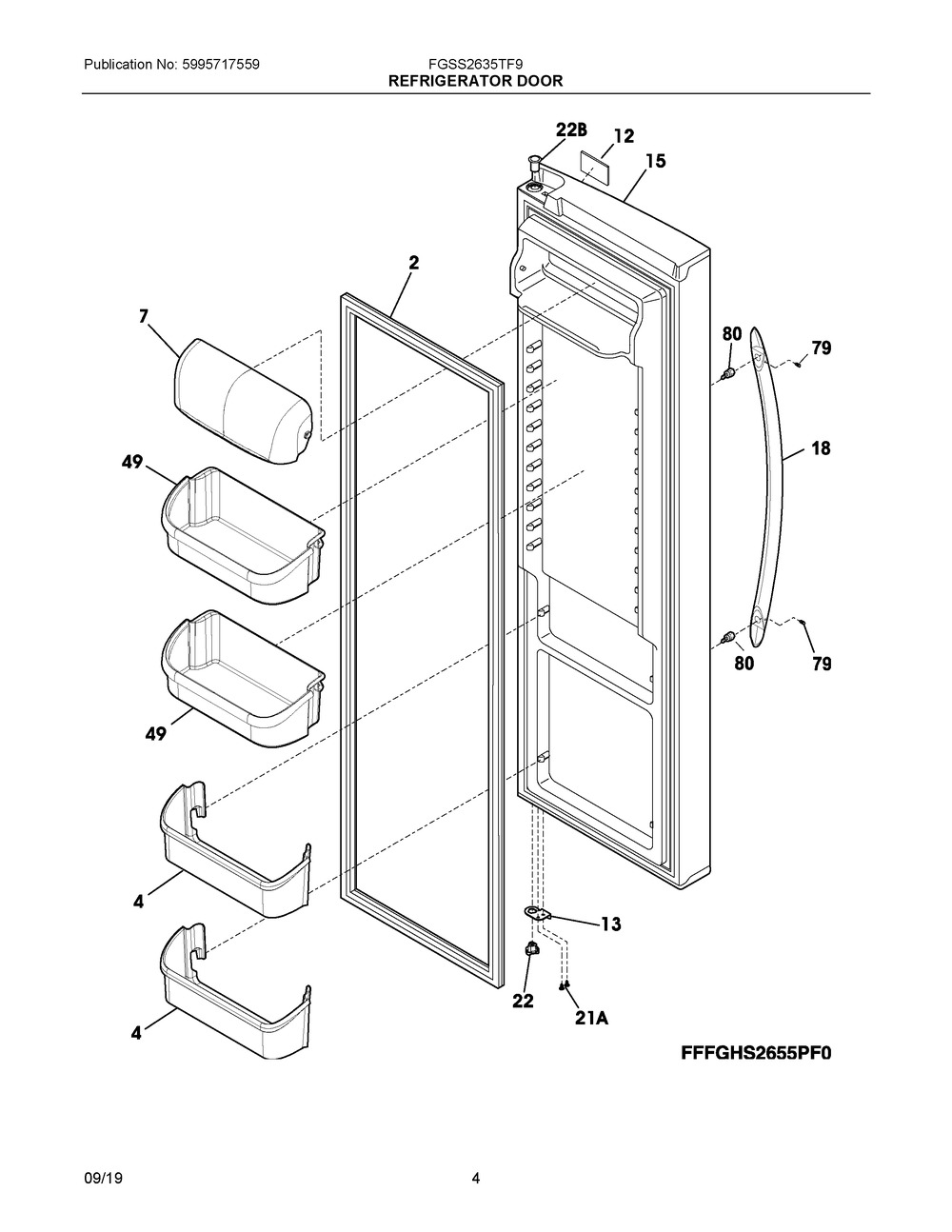 Refrigerator Door Diagram and Parts List for FGSS2635TF9  Frigidaire Refrigerator