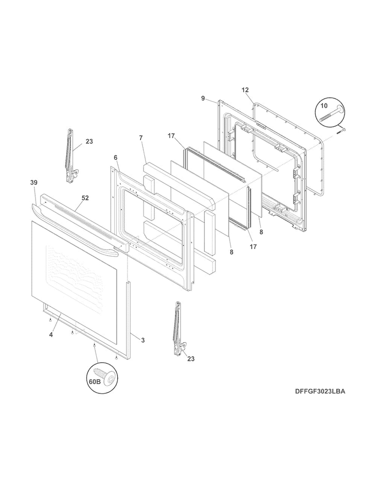 Door Diagram and Parts List for FFGF3023LWE  Frigidaire Range
