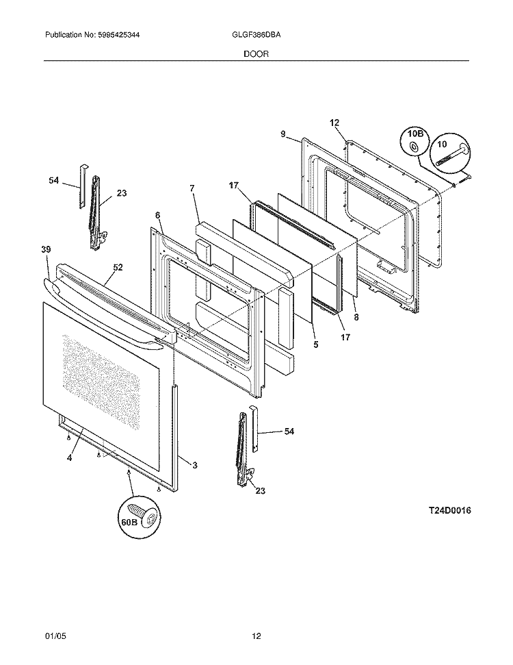 DOOR Diagram and Parts List for GLGF386DBA  Frigidaire Range