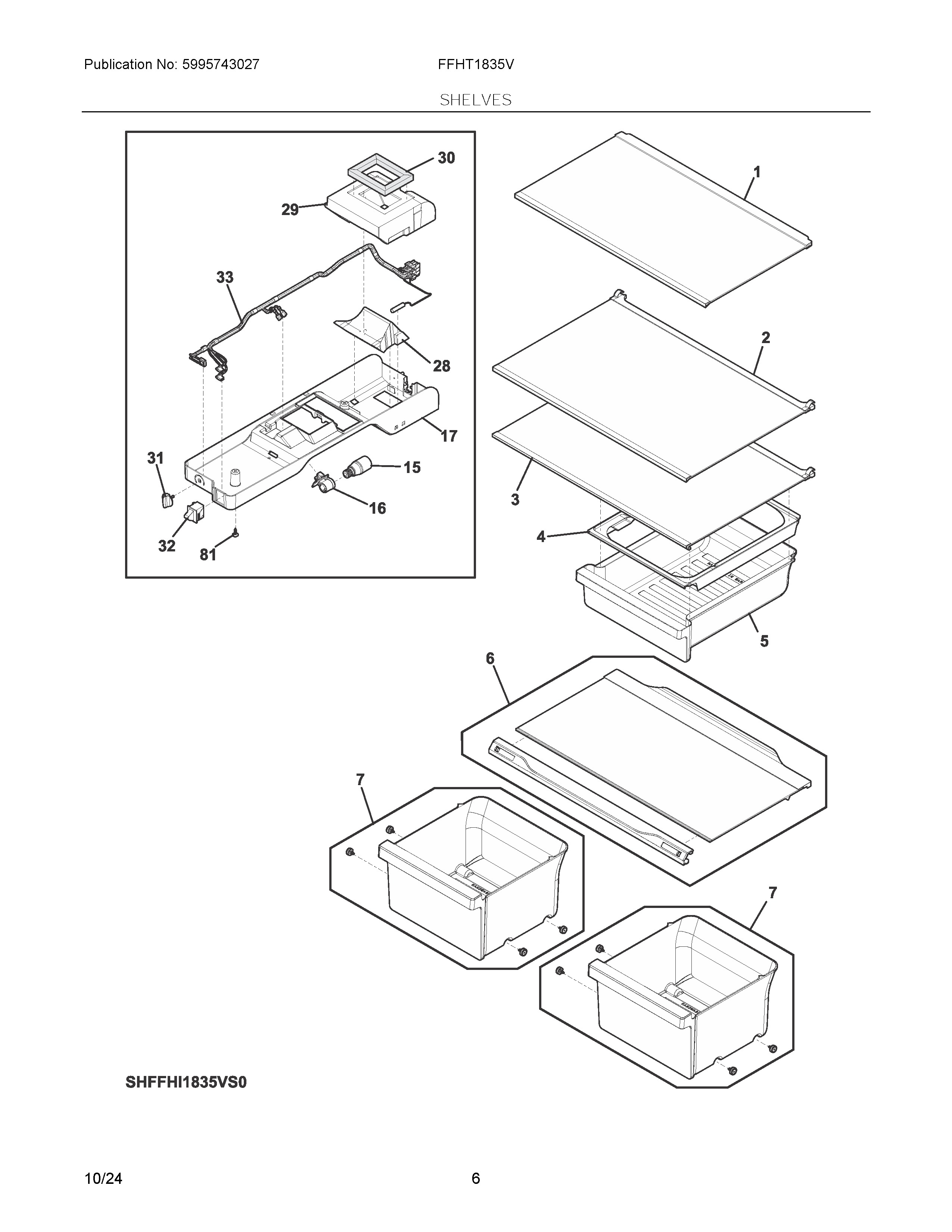Shelves Diagram and Parts List for FFHT1835VW1  Frigidaire Refrigerator
