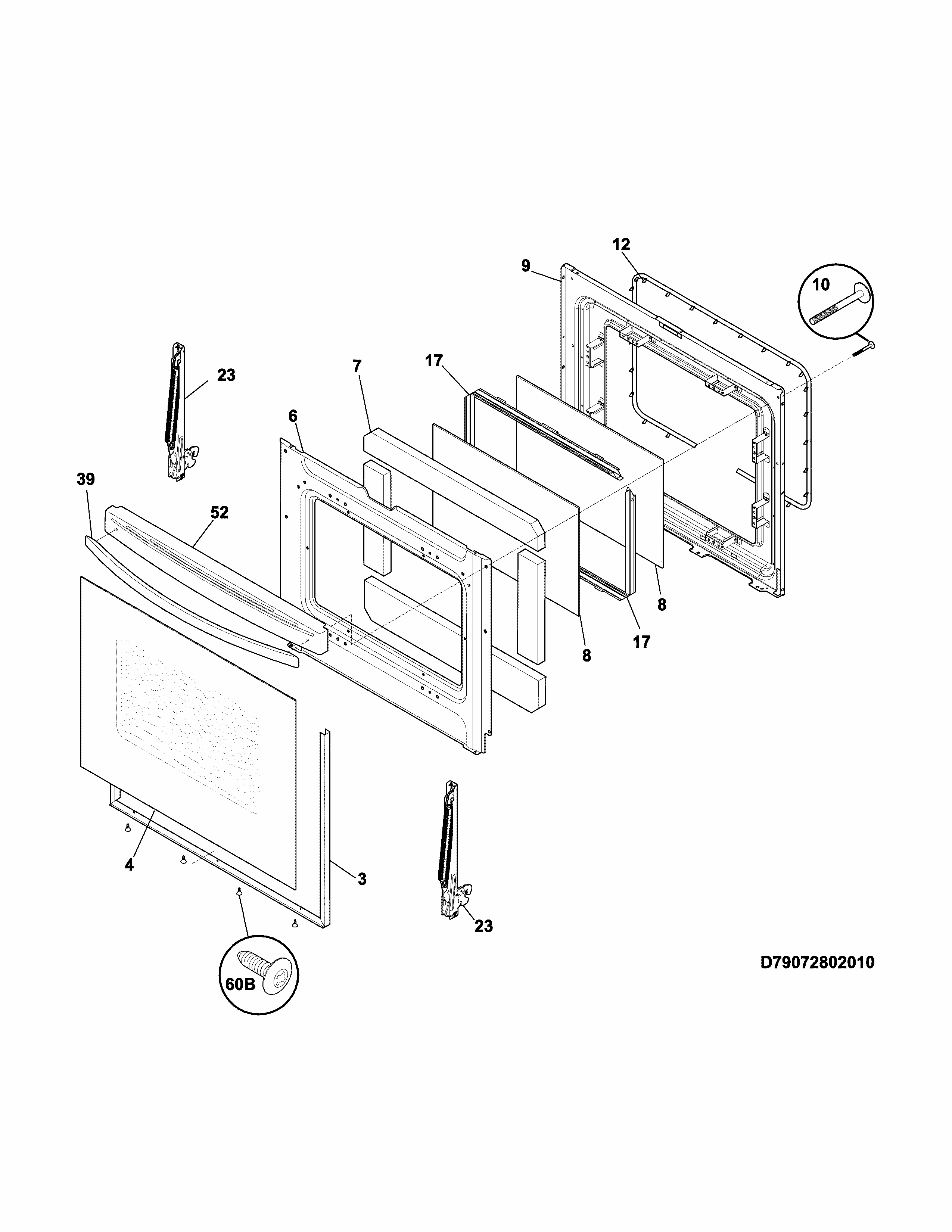 Door Diagram and Parts List for 79074139311  Kenmore Range