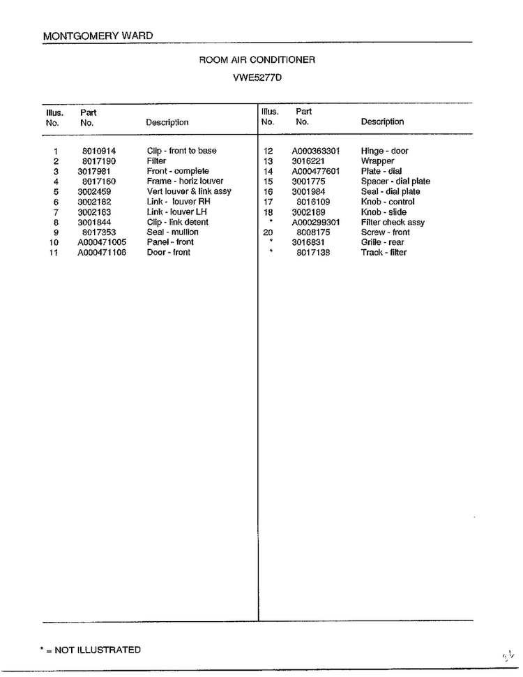 Room Air Conditioner Page 2 Diagram and Parts List for 5277D  Frigidaire Air Conditioner