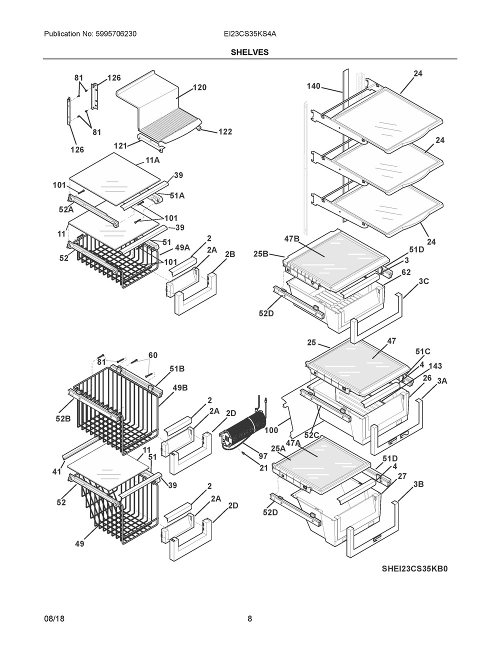 Shelves Diagram and Parts List for EI23CS35KS4A  Frigidaire Refrigerator