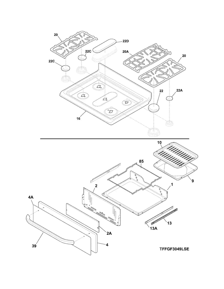 Top/drawer Diagram and Parts List for FFGF3049LSG  Frigidaire Range