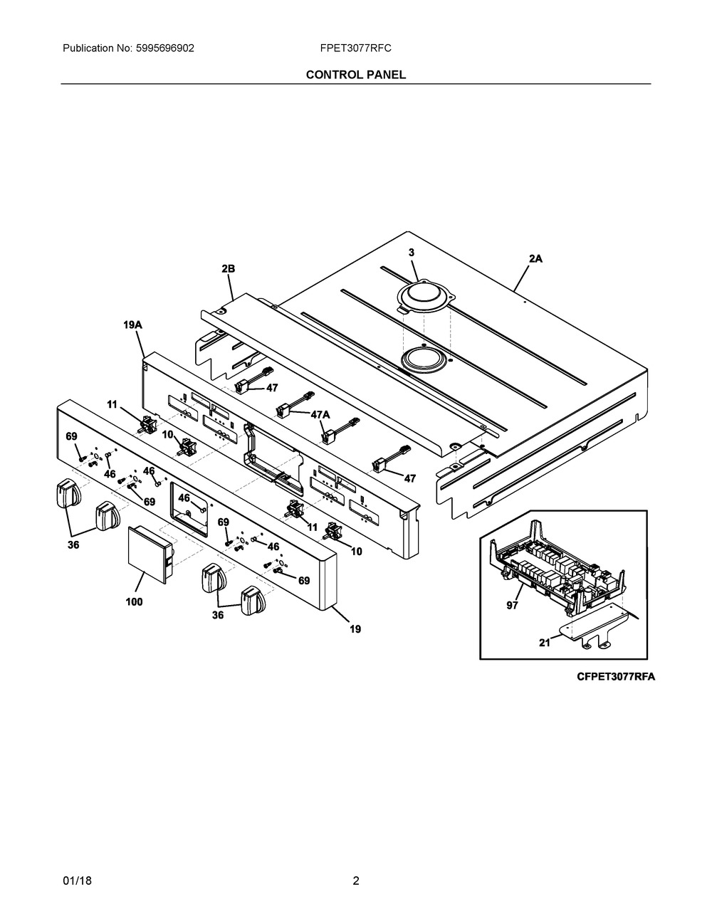 Control Panel Diagram and Parts List for FPET3077RFC  Frigidaire Wall Oven
