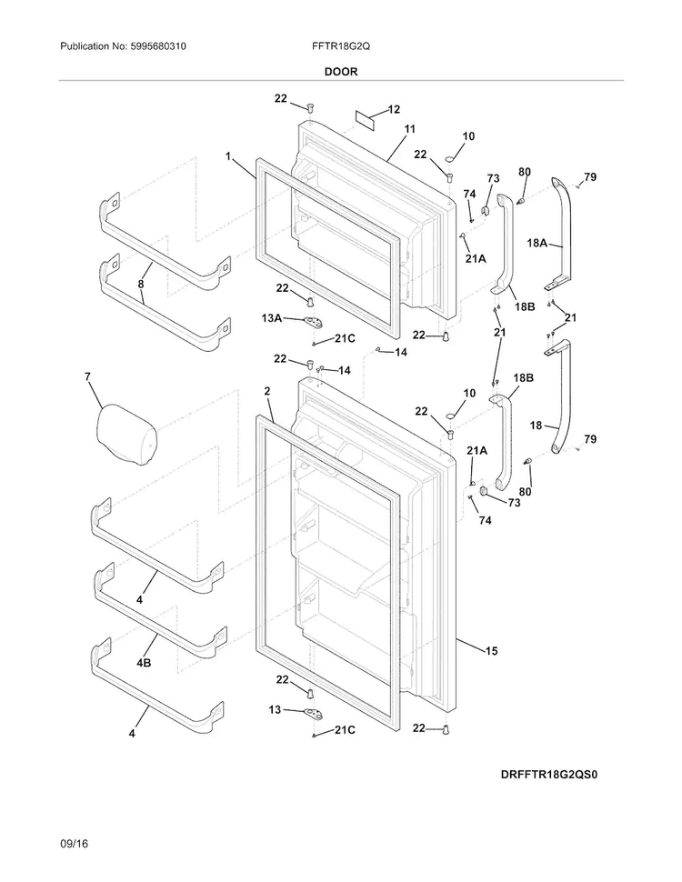 Door Diagram and Parts List for FFTR18G2QW4A  Frigidaire Refrigerator
