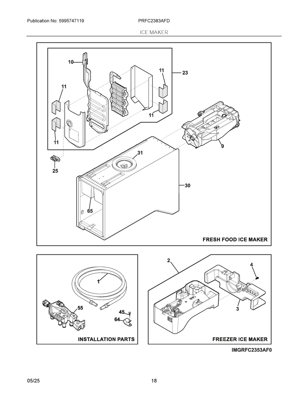Ice Maker Diagram and Parts List for PRFC2383AFD  Frigidaire Refrigerator