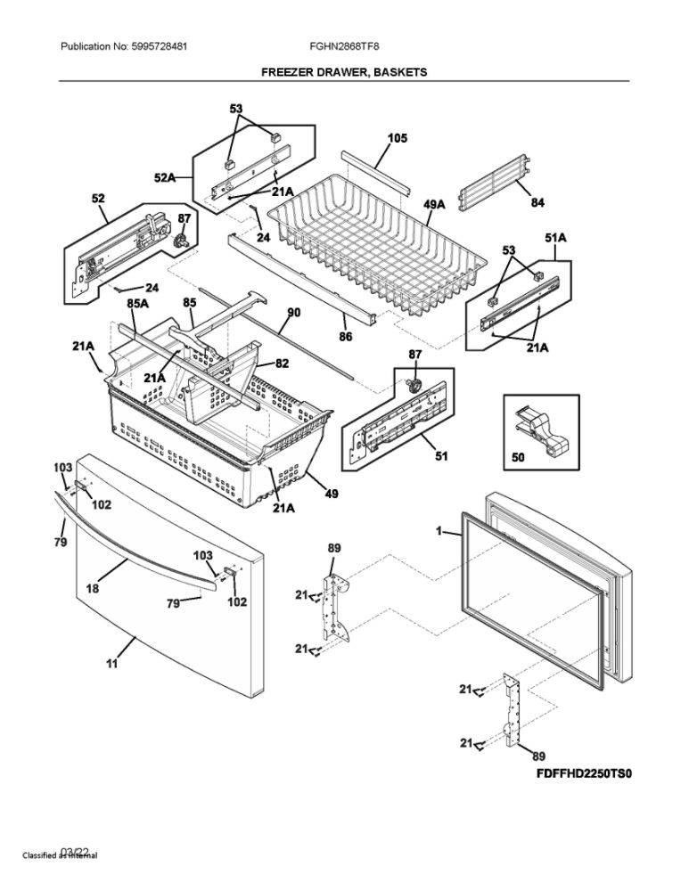 Freezer Drawer, Baskets Diagram and Parts List for FGHN2868TF8  Frigidaire Refrigerator
