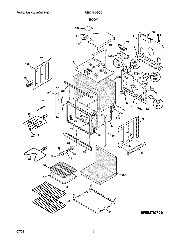 BODY Diagram and Parts List for FEB27S5GCD  Frigidaire Wall Oven