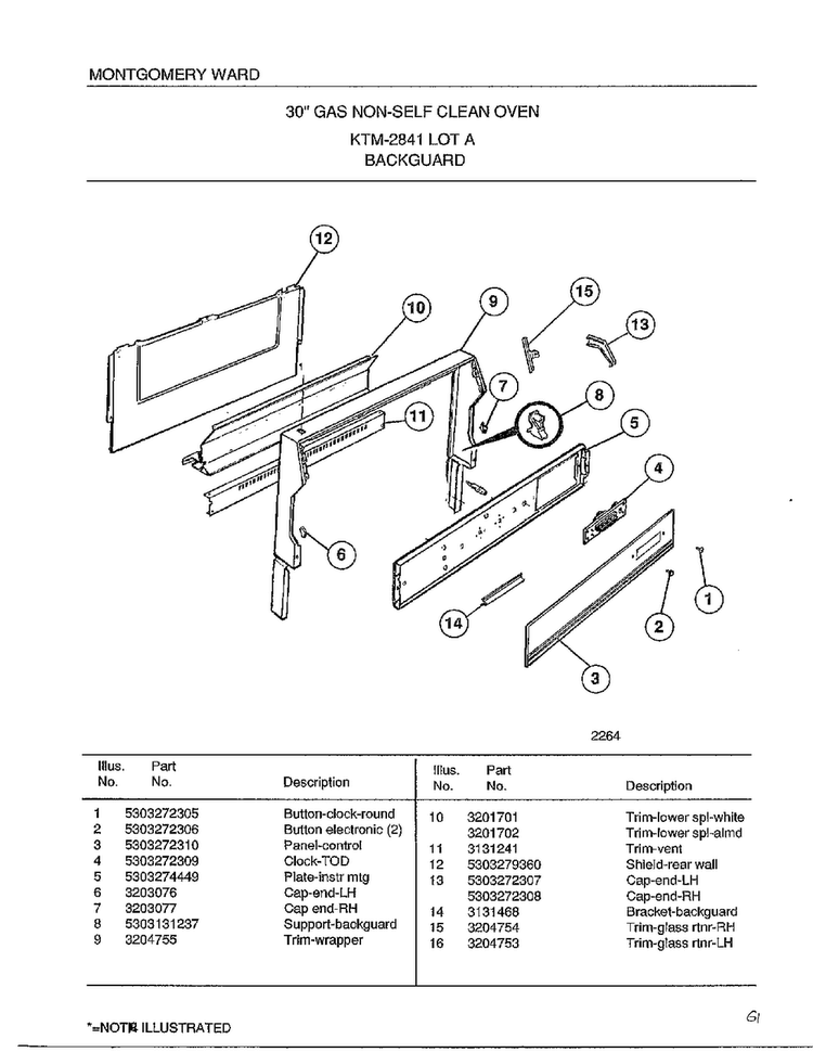 Backguard Diagram and Parts List for 2841A  Frigidaire Range