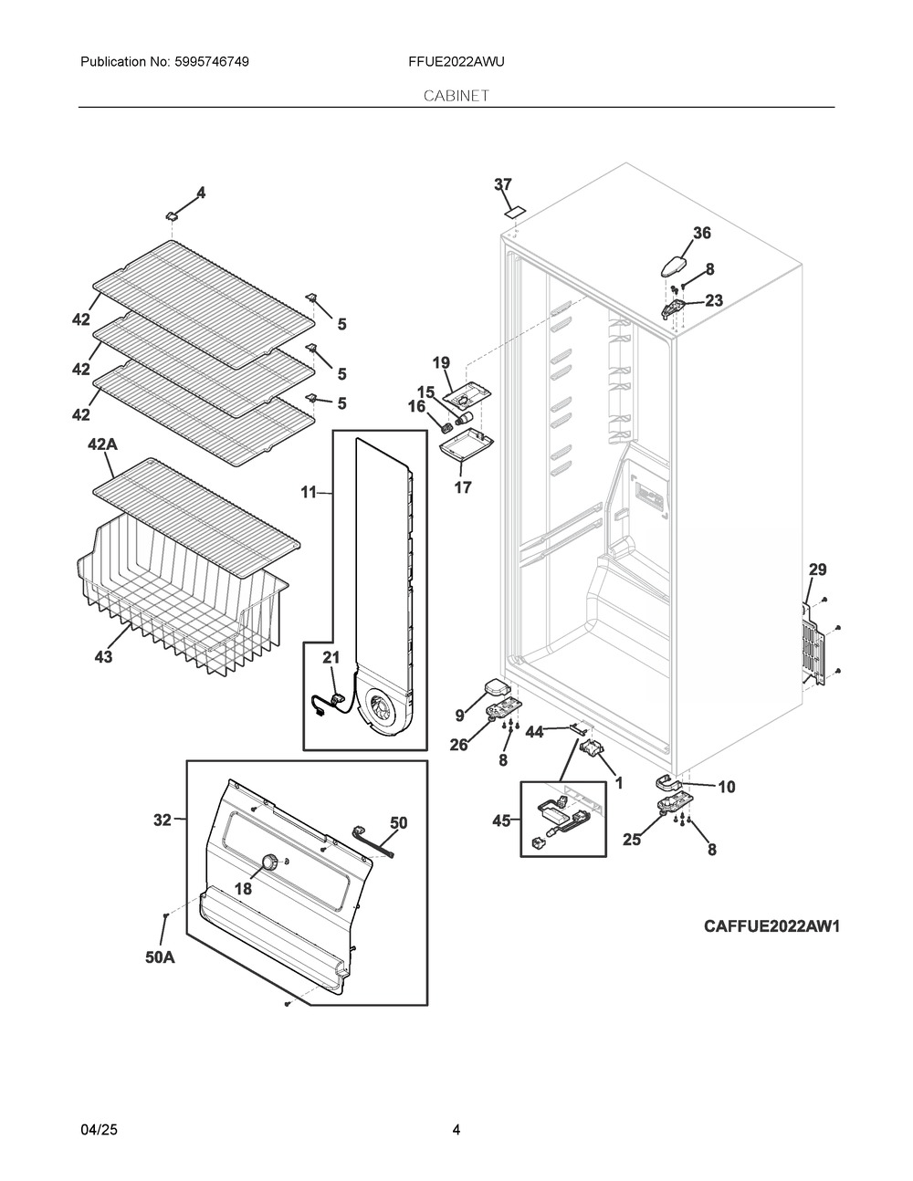 Cabinet Diagram and Parts List for FFUE2022AWU  Frigidaire Freezer
