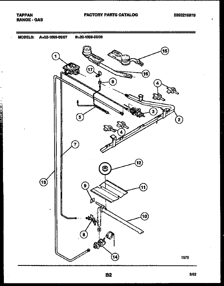 BURNER PARTS Diagram and Parts List for 32-1009-23-08  Tappan Range