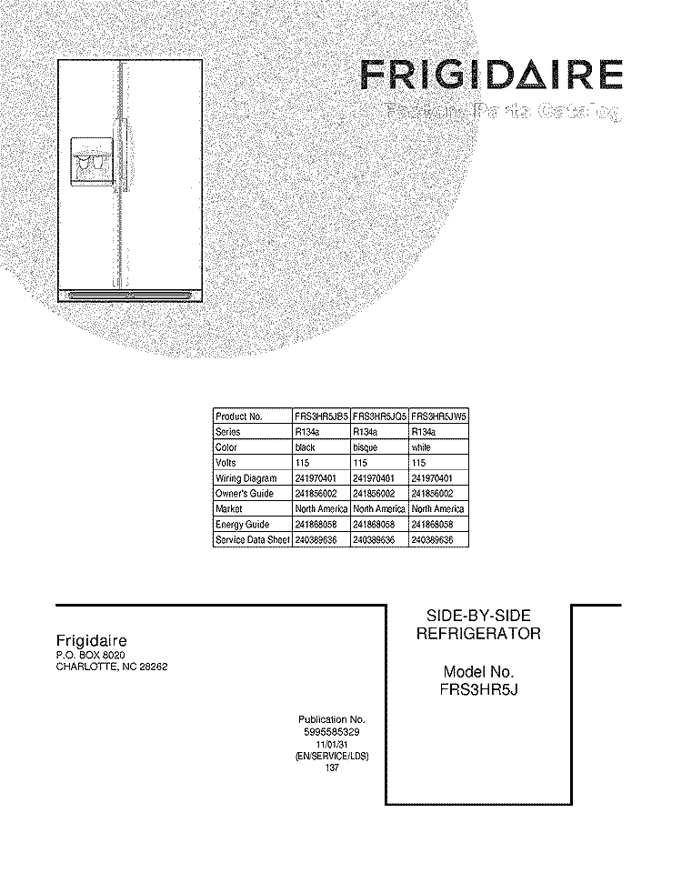 COVER Diagram and Parts List for FRS3HR5JB5  Frigidaire Refrigerator