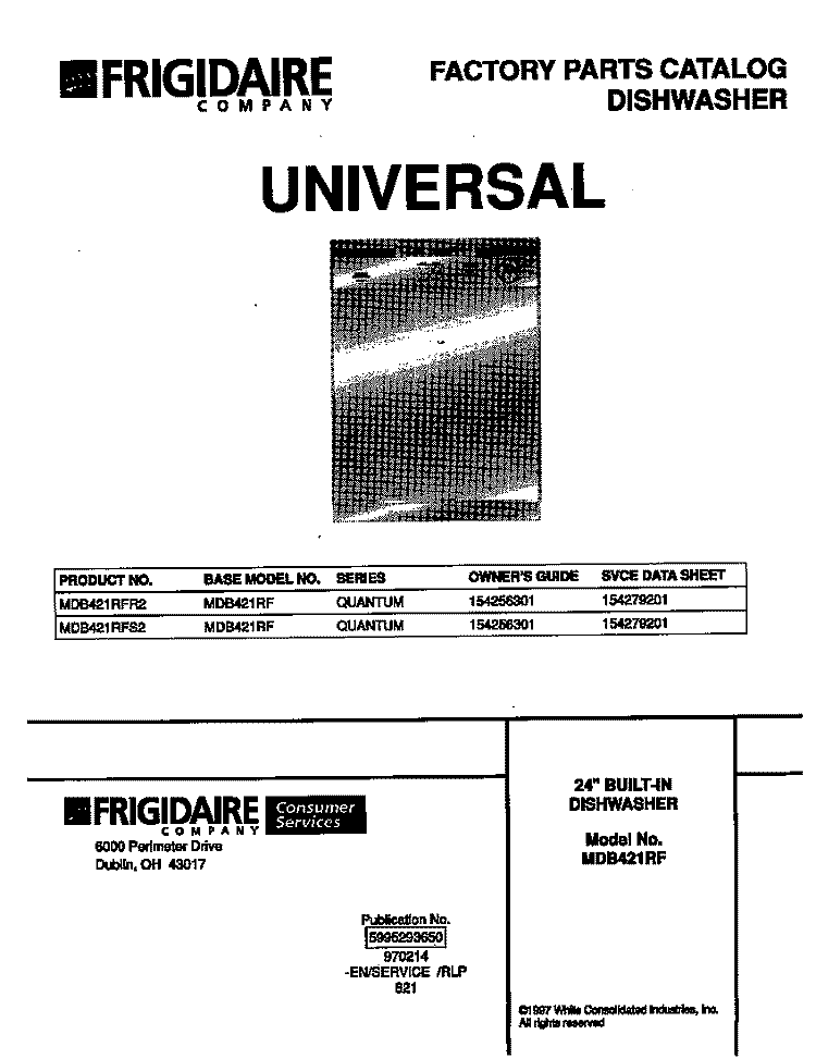 COVER Diagram and Parts List for MDB421RFR2  Frigidaire Dishwasher