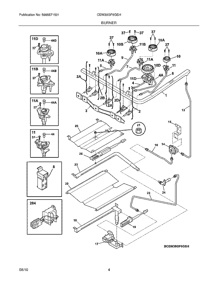 BURNER Diagram and Parts List for CEW30GF6GSH  Electrolux Range