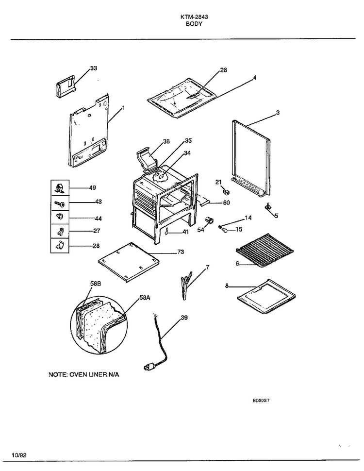 Body Diagram and Parts List for 2343-87A  Frigidaire Range
