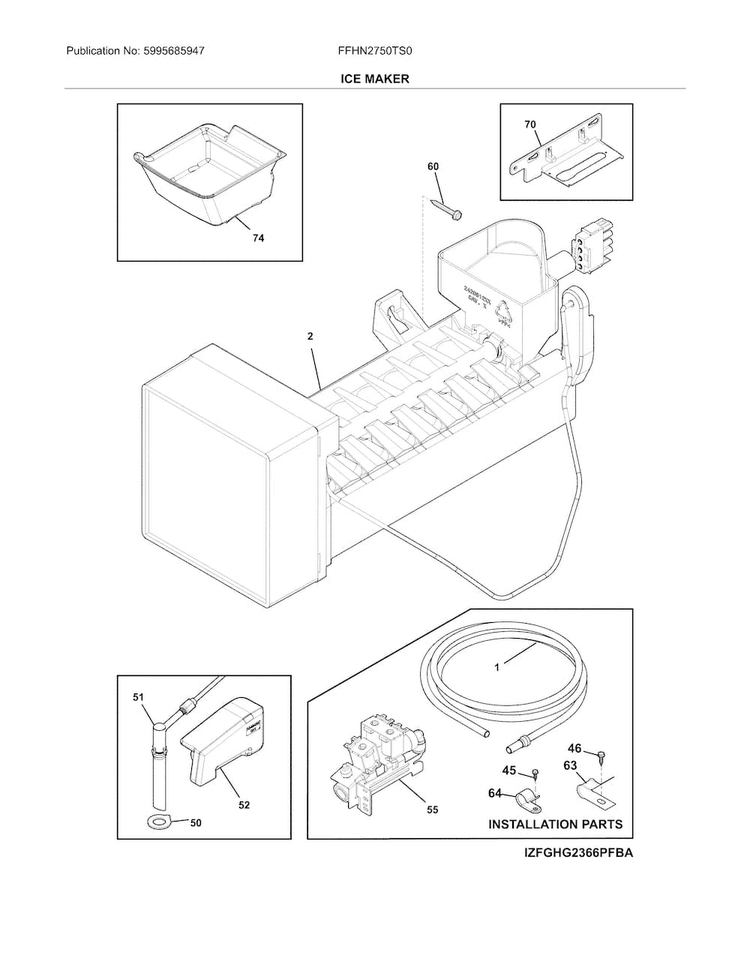 Ice Maker Diagram and Parts List for FFHN2750TS0  Frigidaire Refrigerator