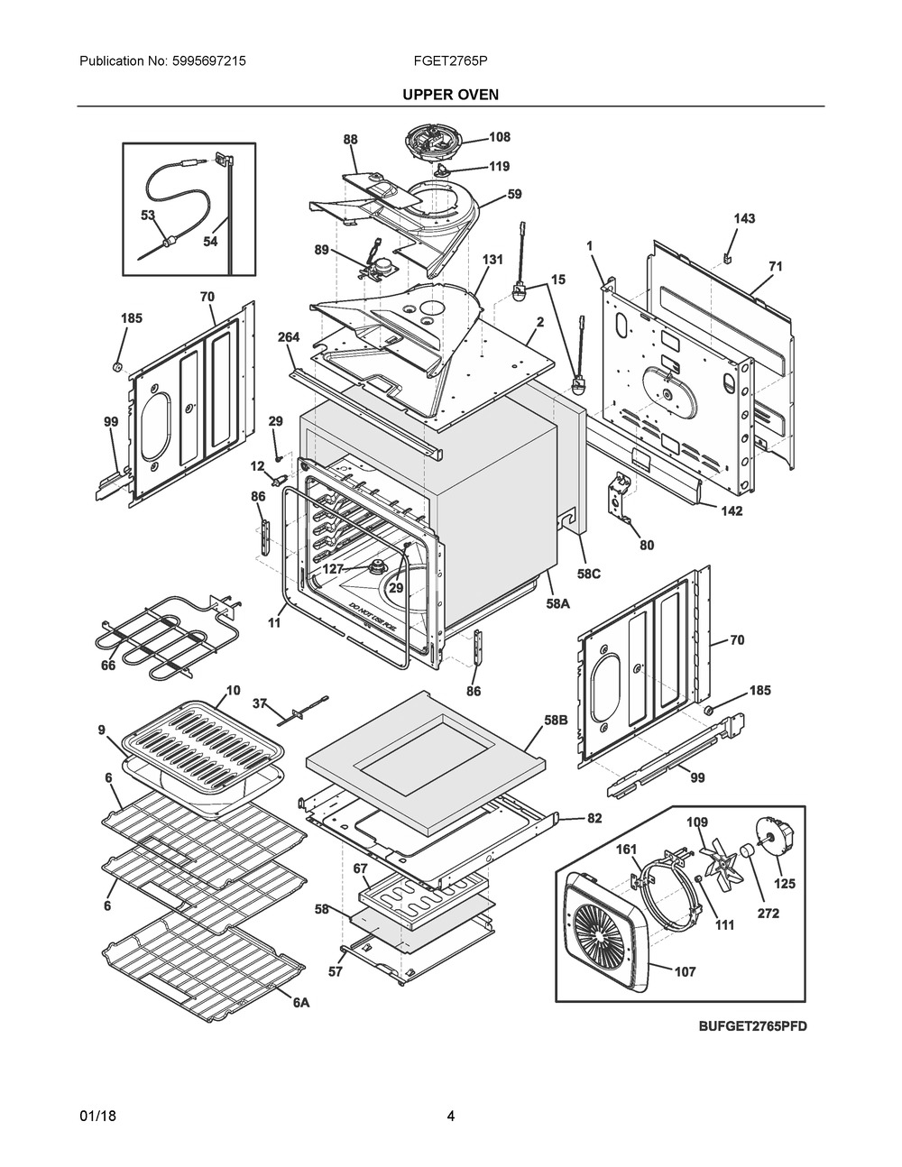 Upper Oven Diagram and Parts List for FGET2765PBE  Frigidaire Wall Oven