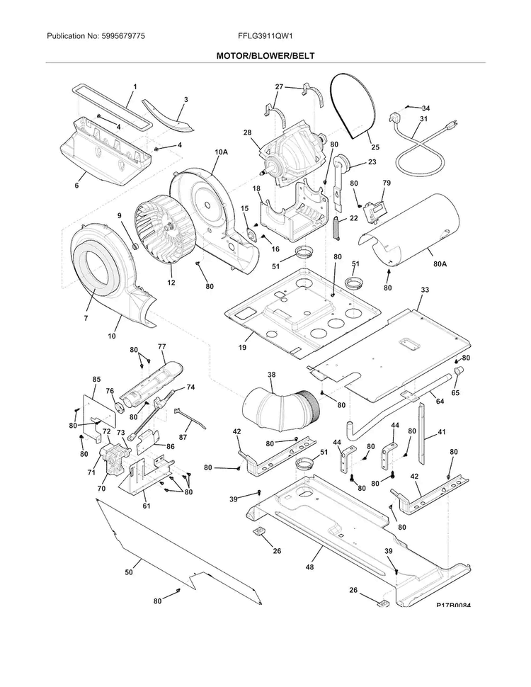 Motor/blower/belt Diagram and Parts List for FFLG3911QW1  Frigidaire Washer Dryer Combo