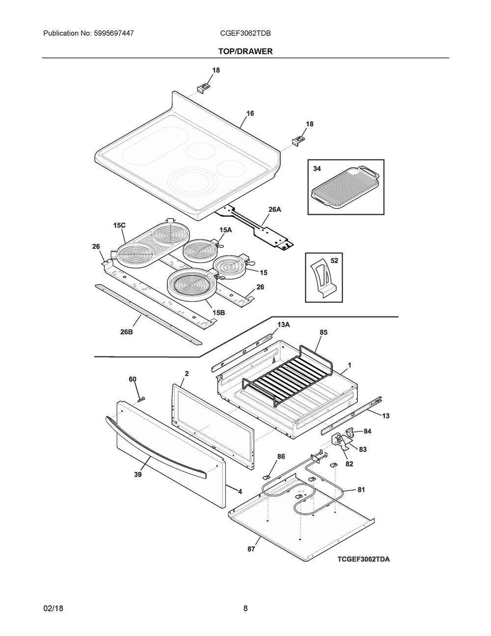 Top/drawer Diagram and Parts List for CGEF3062TDB  Frigidaire Range