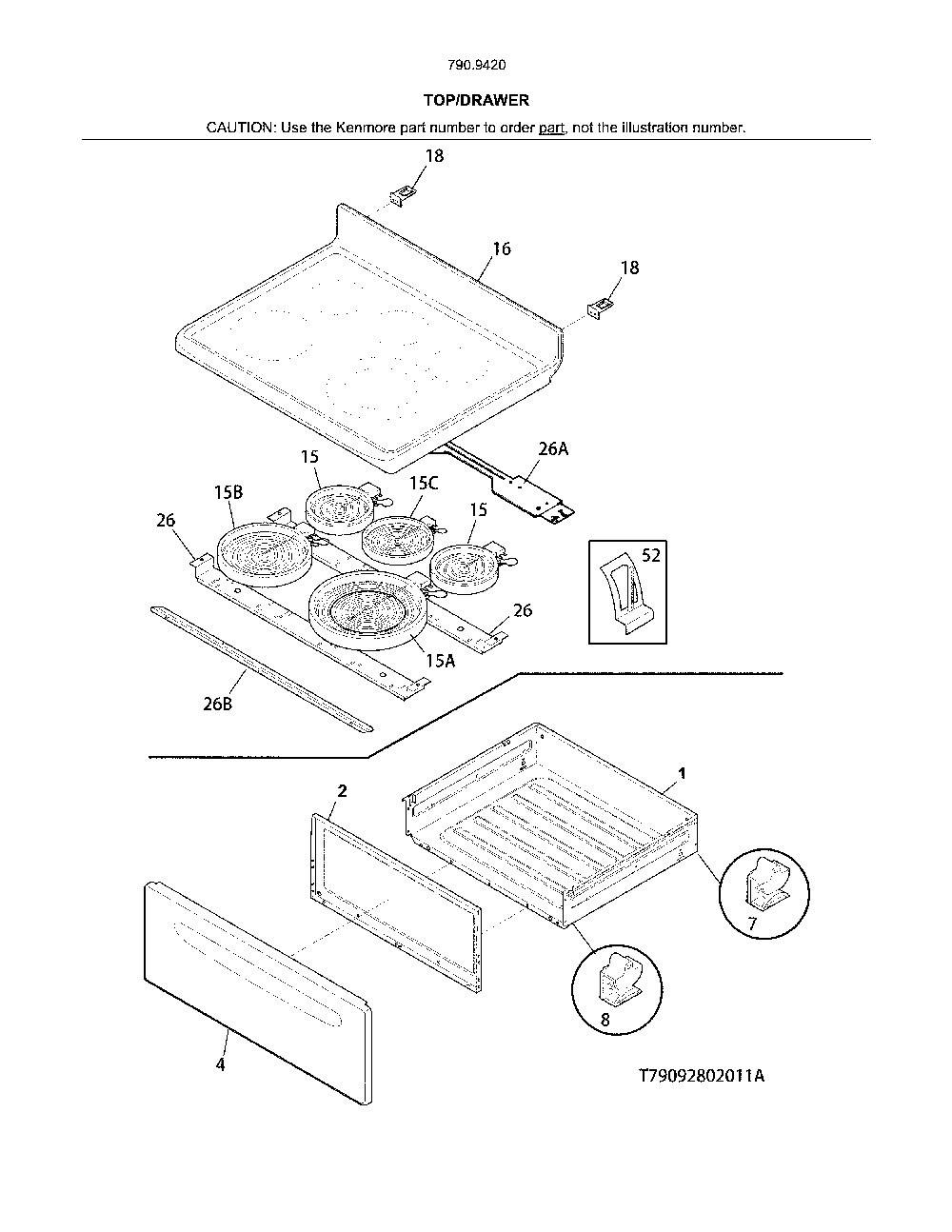 Top/drawer Diagram and Parts List for 79094202315  Kenmore Range